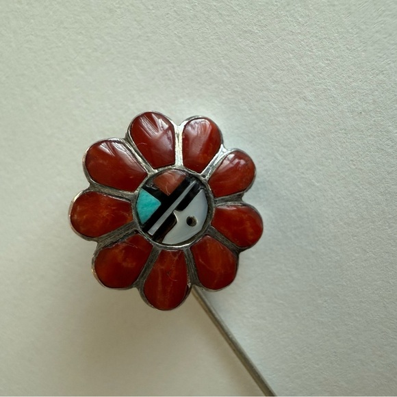 Vintage Zuni Sunface Inlay Flower Stick Pin Coral Turquoise MOP Native American - Picture 3 of 10
